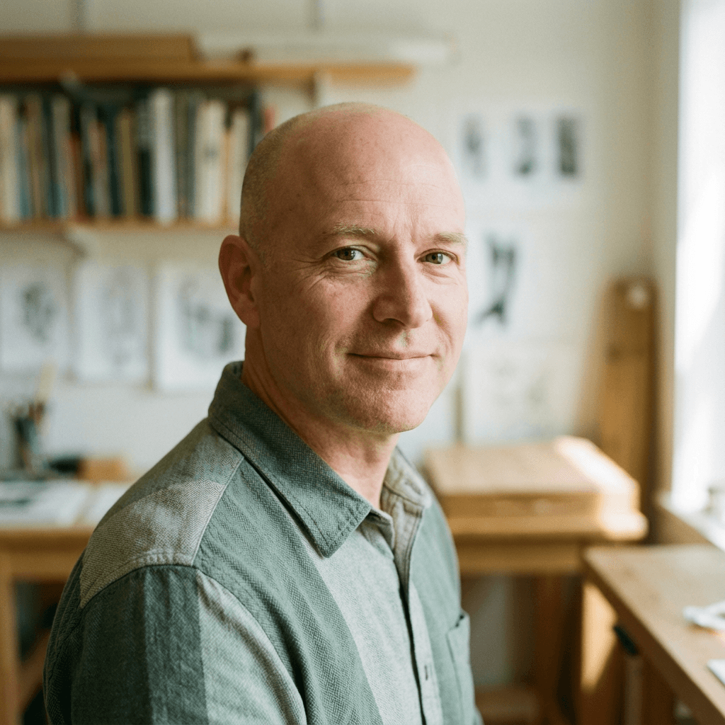 Portrait of the studio lead at a clean desk with logo sketches nearby