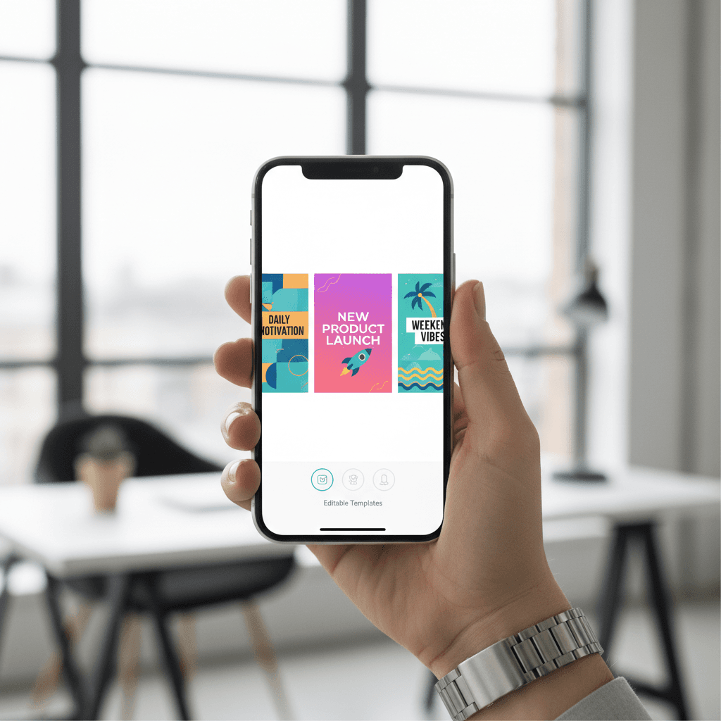Social media graphic templates on a smartphone screen held by a professional