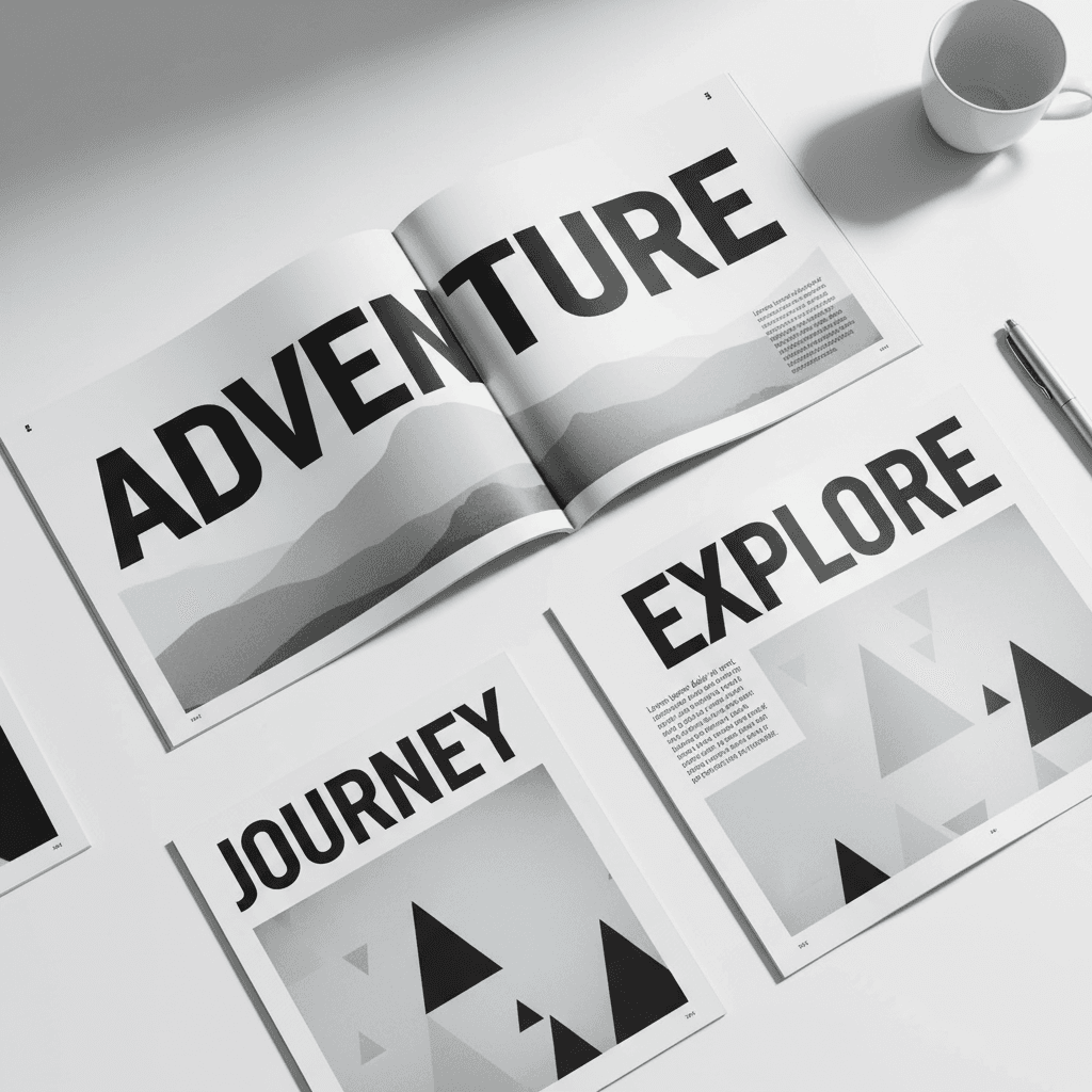 Magazine layout spreads with bold typography displayed on a white desk