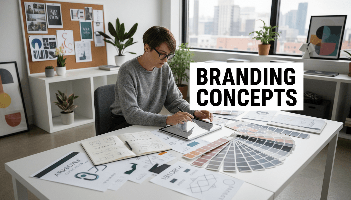 Graphic designer sketching logo ideas in a bright Toronto design studio with color swatches nearby
