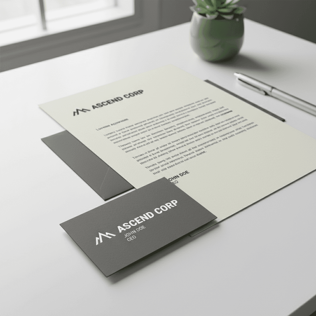 Business card and letterhead mockup arranged on a clean desk