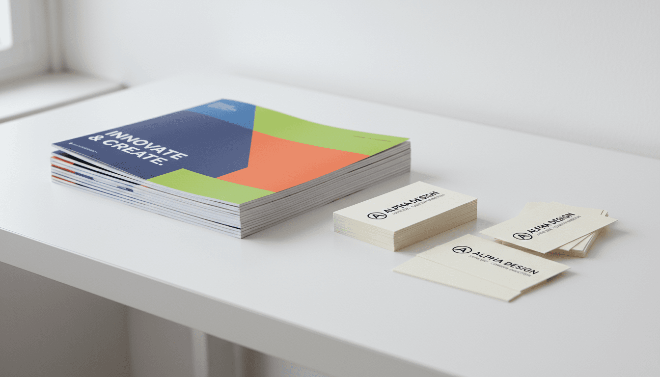Printed brochures and business cards arranged on a desk