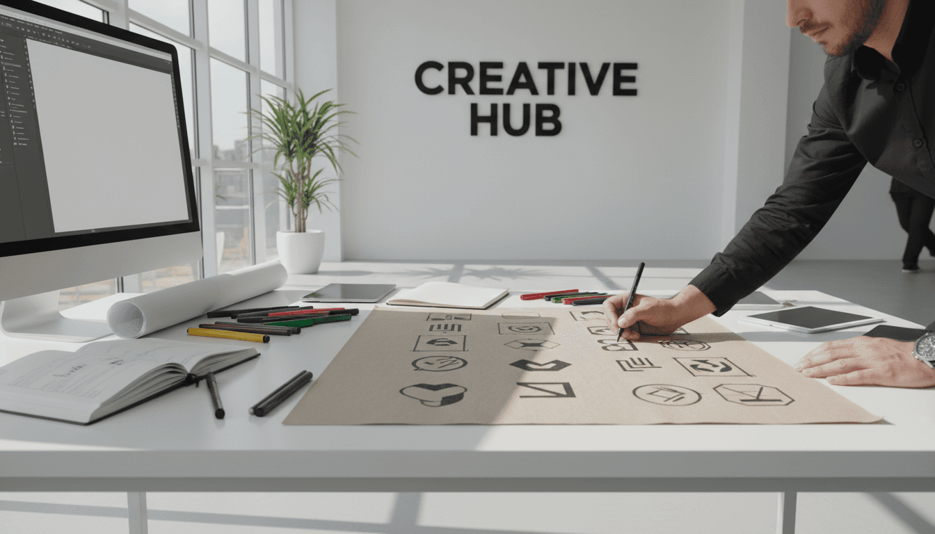 Designer sketching logo concepts on paper with pencils and color swatches in a bright studio