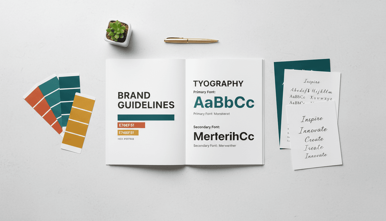Brand style guide with colour swatches and typography samples