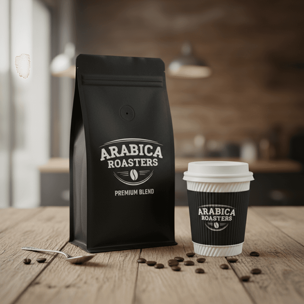 Branded coffee packaging and cup design mockup on a wooden table