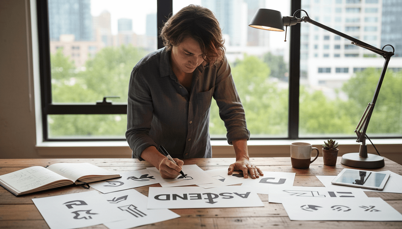 Designer sketching logo ideas in a bright studio