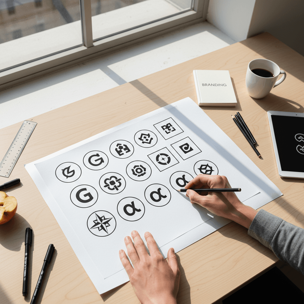 Designer sketching logo concepts on paper in a bright studio