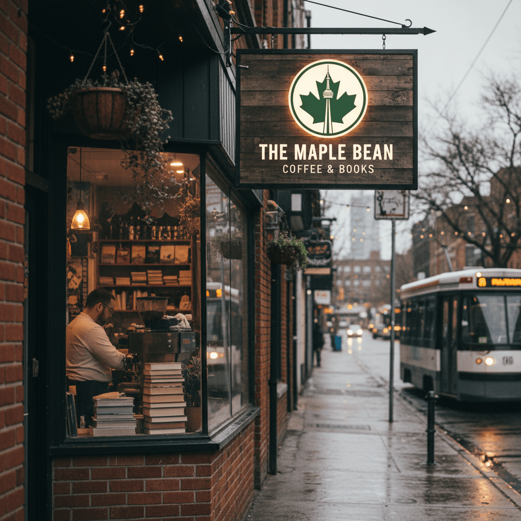 Logo design displayed on the storefront sign of a small Toronto shop