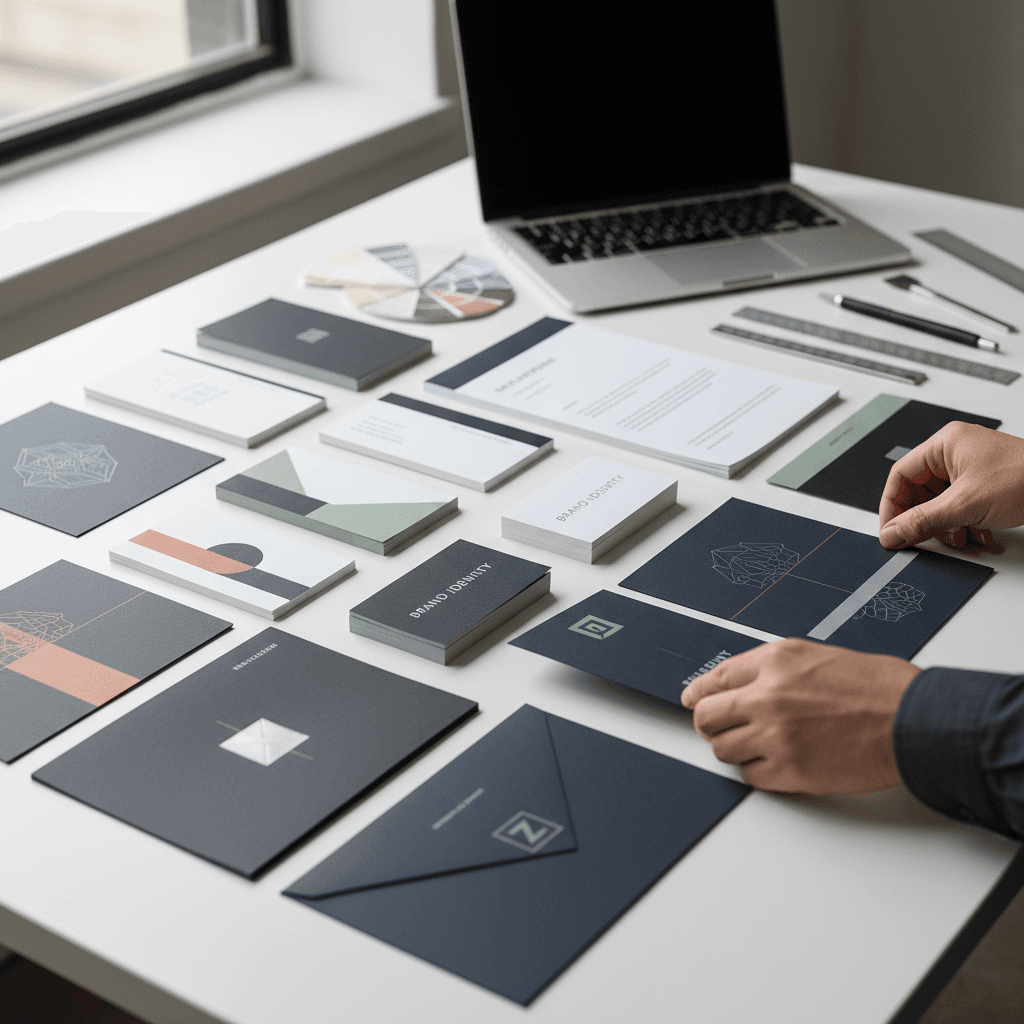 Flat lay of business cards, letterhead, and brand stationery