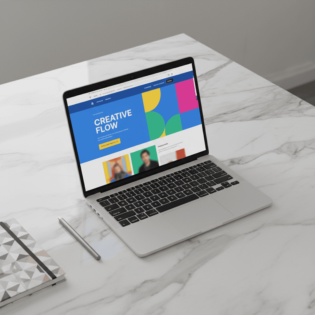 Laptop displaying logo mockup in a modern office