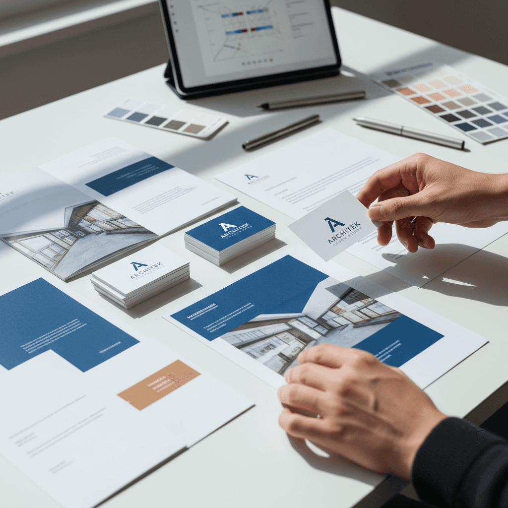 Designer reviewing marketing material proofs with a client