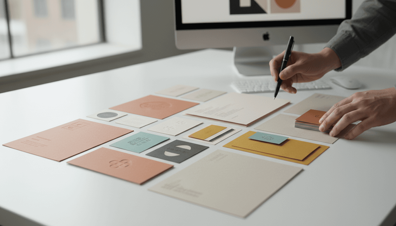 Designer reviewing printed brand identity materials at a bright studio desk