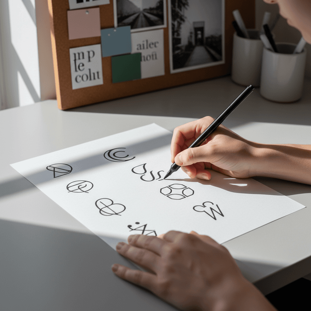 Hand sketching logo concepts on paper in studio