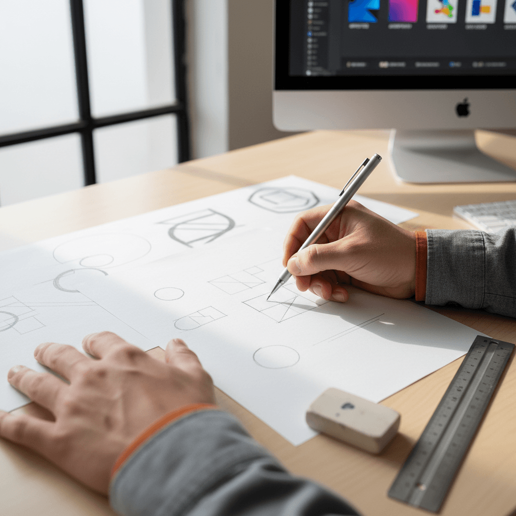 Designer sketching logo concepts on paper at a bright studio desk