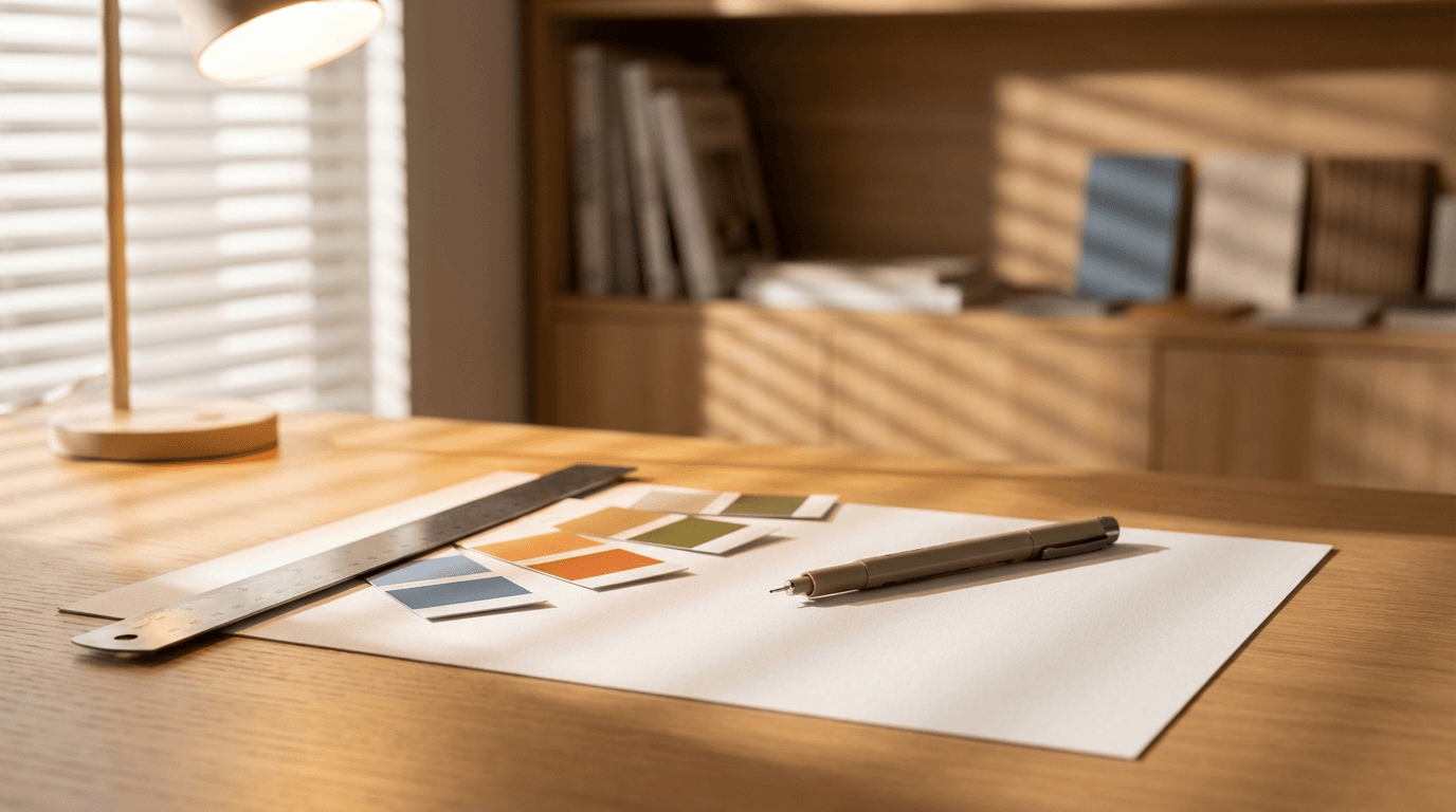 Close up of logo sketches beside color palette swatches