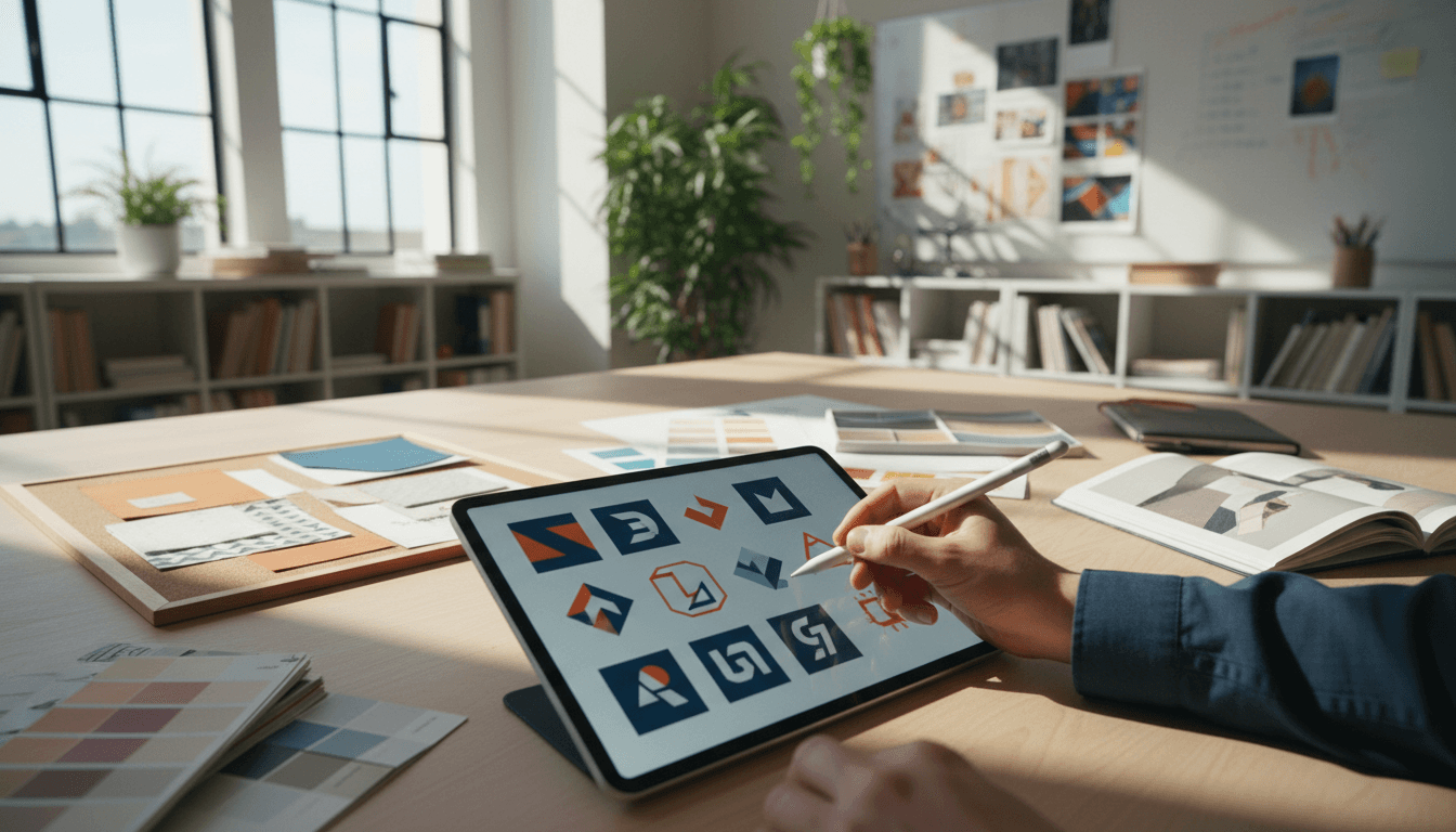 Designer sketching logo ideas at a bright studio desk with color swatches nearby