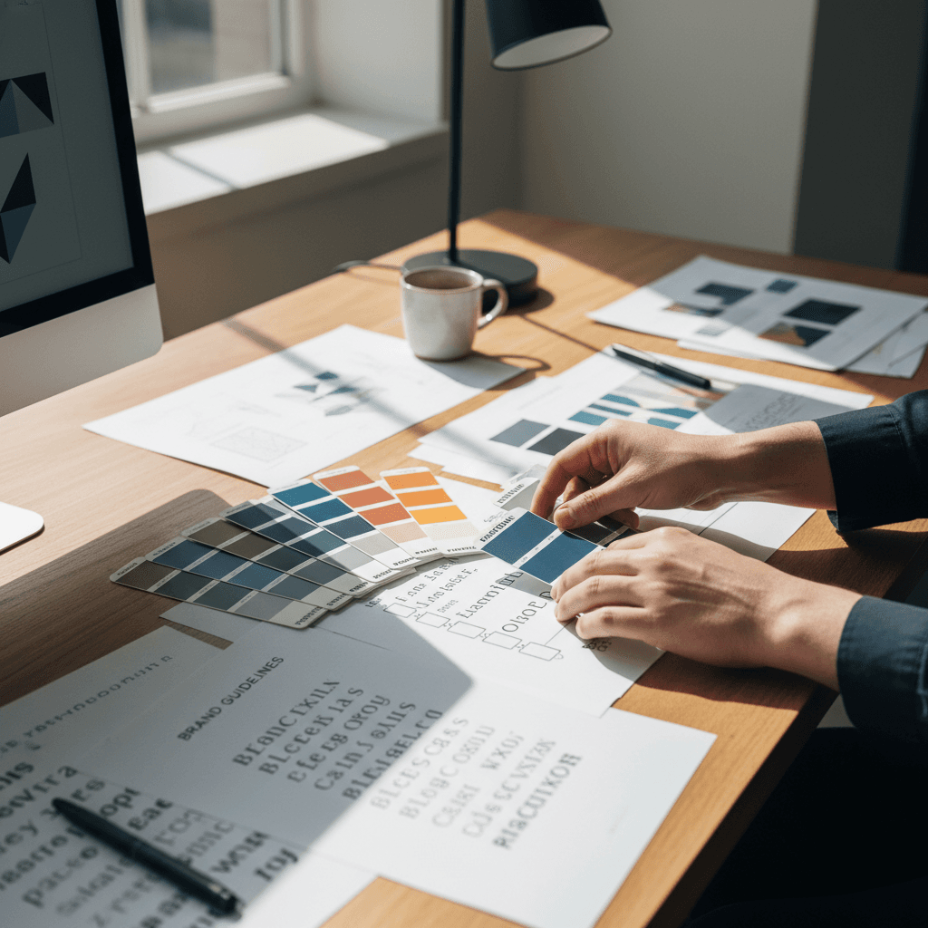 Designer sketching logo concepts at a bright studio desk