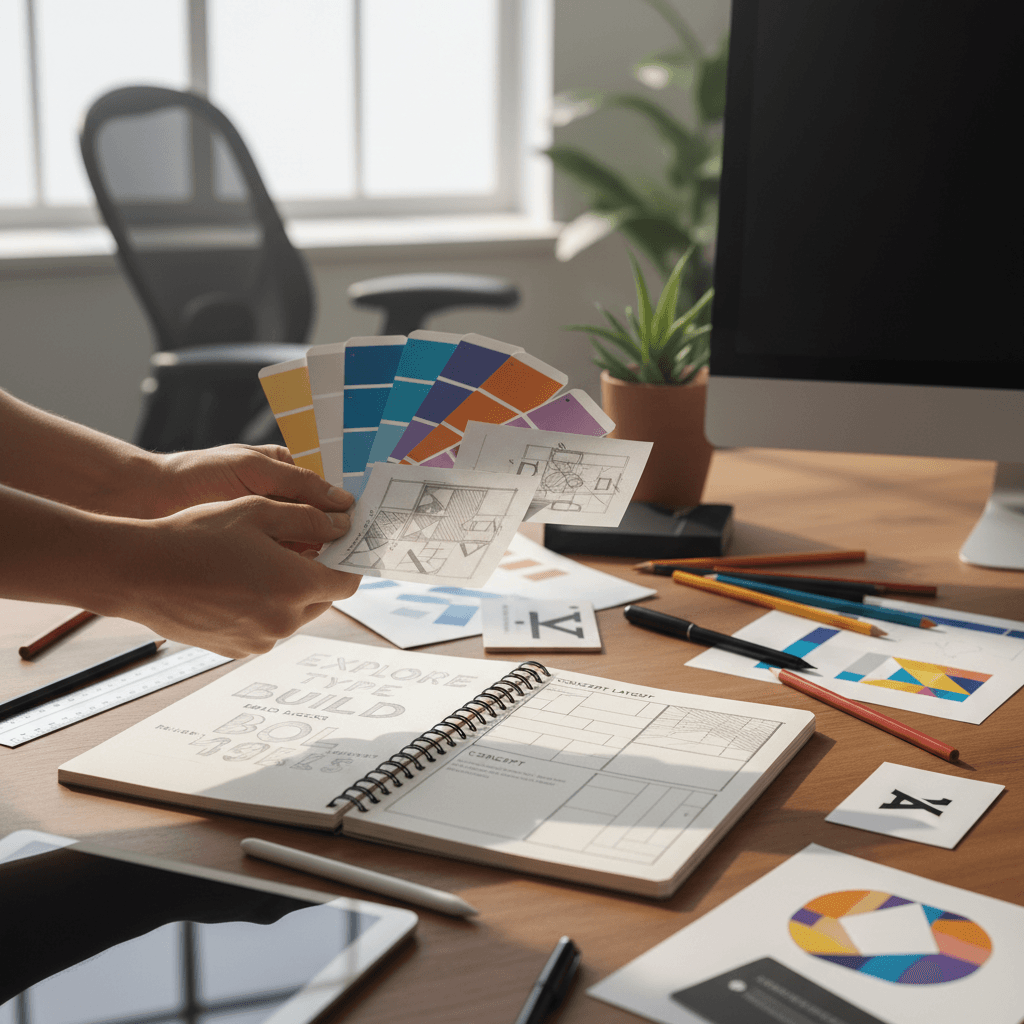 Graphic designer's desk with color swatches and brand sketches