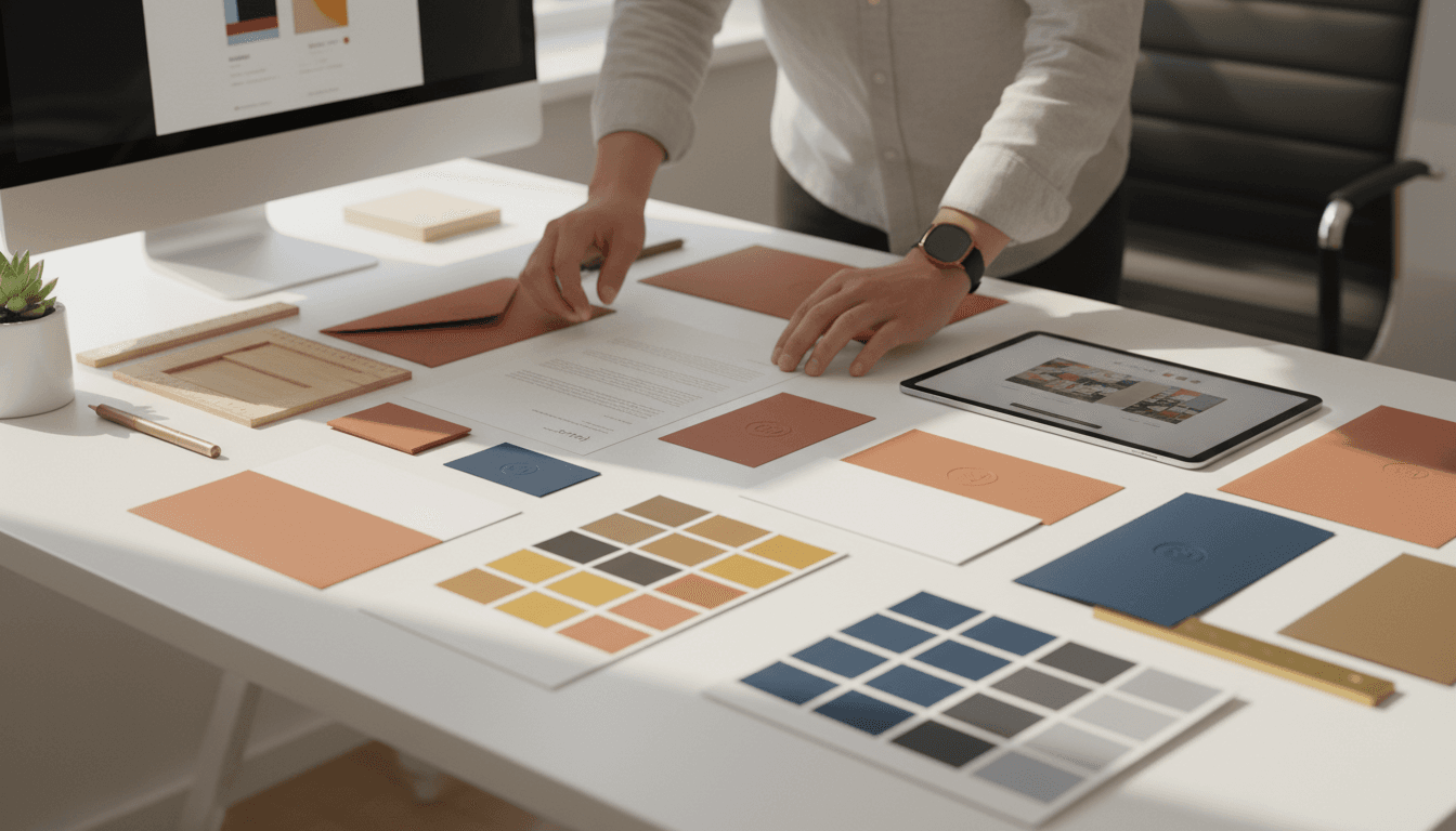 Branding materials arranged on a clean workspace