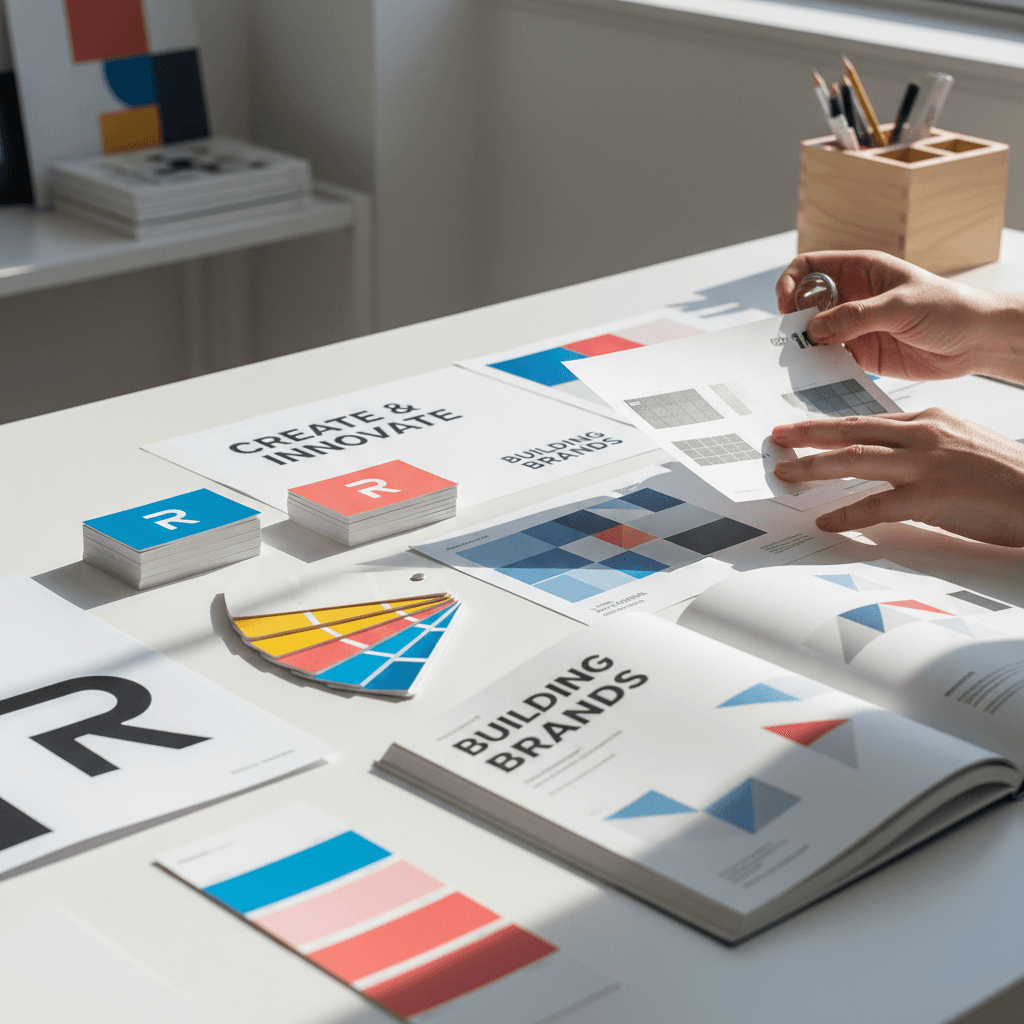 Designer's workspace with brand identity mockups, color swatches, and logo sketches
