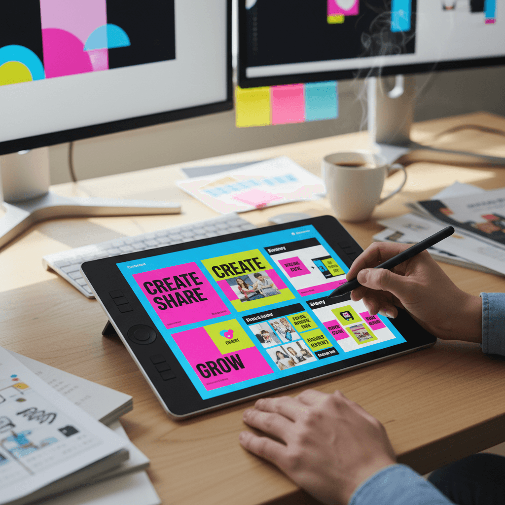 Designer creating social media post layouts on a tablet