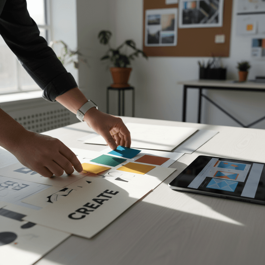 Designer reviewing brand color palette and logo sketches at a bright studio desk