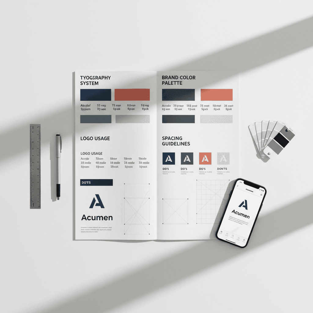 Open brand guideline book showing logo usage examples